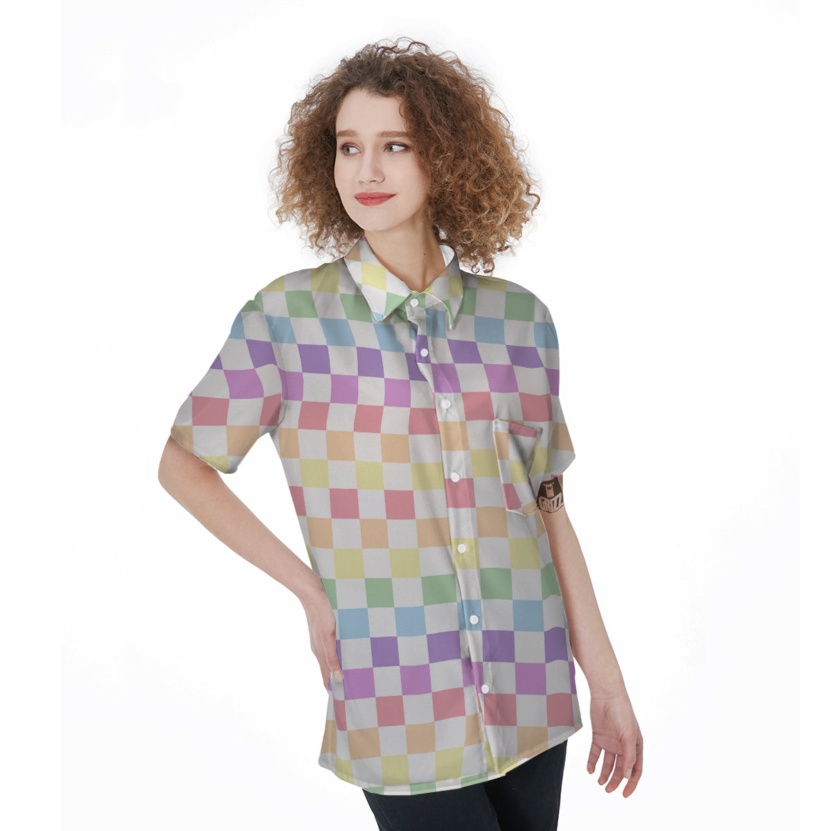 Pastel Checkered Flag Print Women's Short Sleeve Shirts-grizzshop