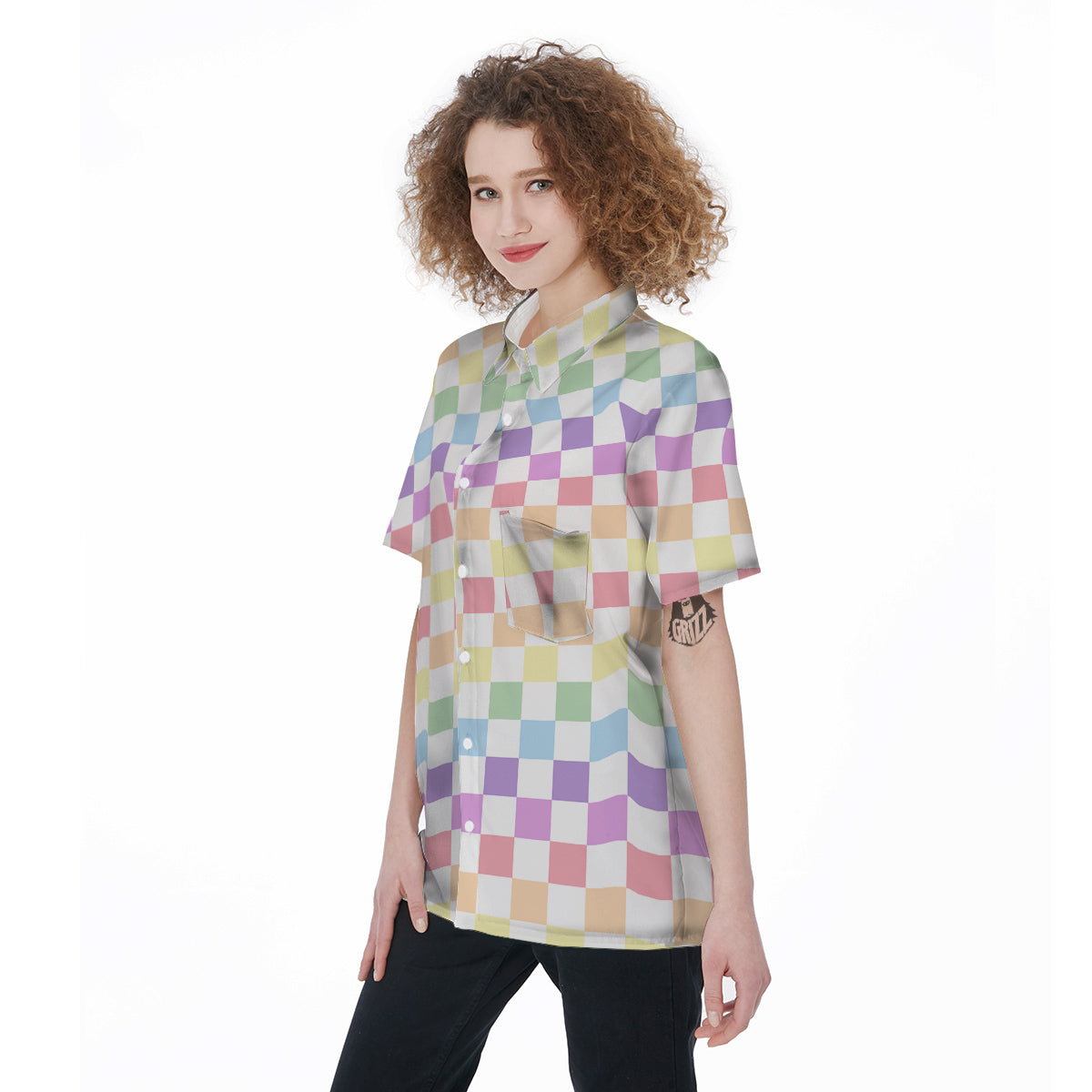 Pastel Checkered Flag Print Women's Short Sleeve Shirts-grizzshop