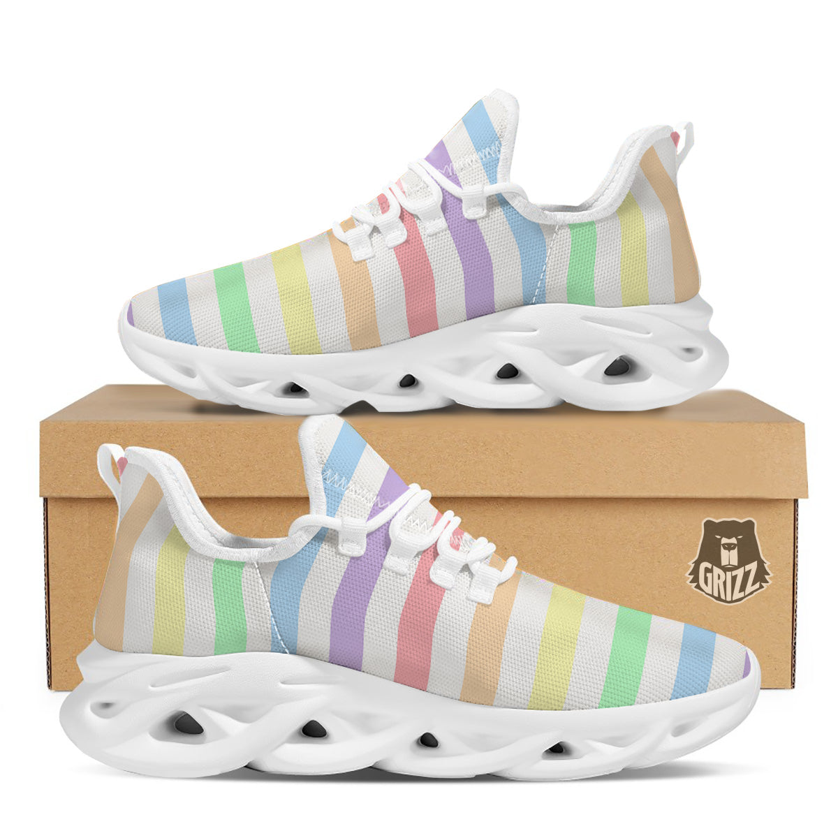 Pastel Color Striped Print White Running Shoes-grizzshop