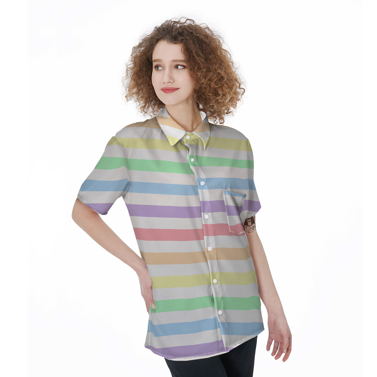 Pastel Color Striped Print Women's Short Sleeve Shirts-grizzshop