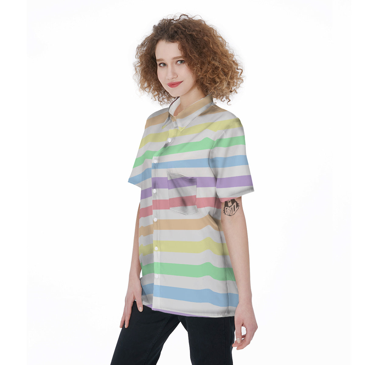 Pastel Color Striped Print Women's Short Sleeve Shirts-grizzshop