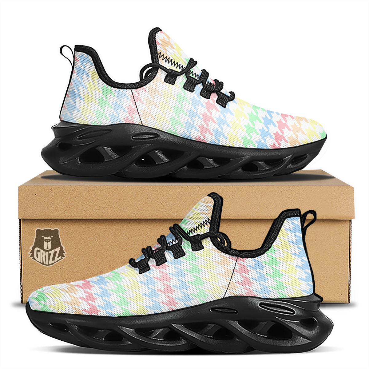 Pastel Houndstooth Print Black Running Shoes-grizzshop