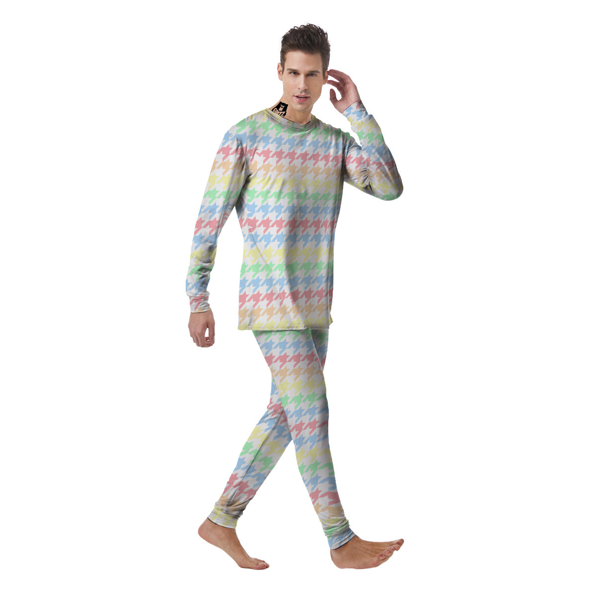 Pastel Houndstooth Print Men's Pajamas-grizzshop