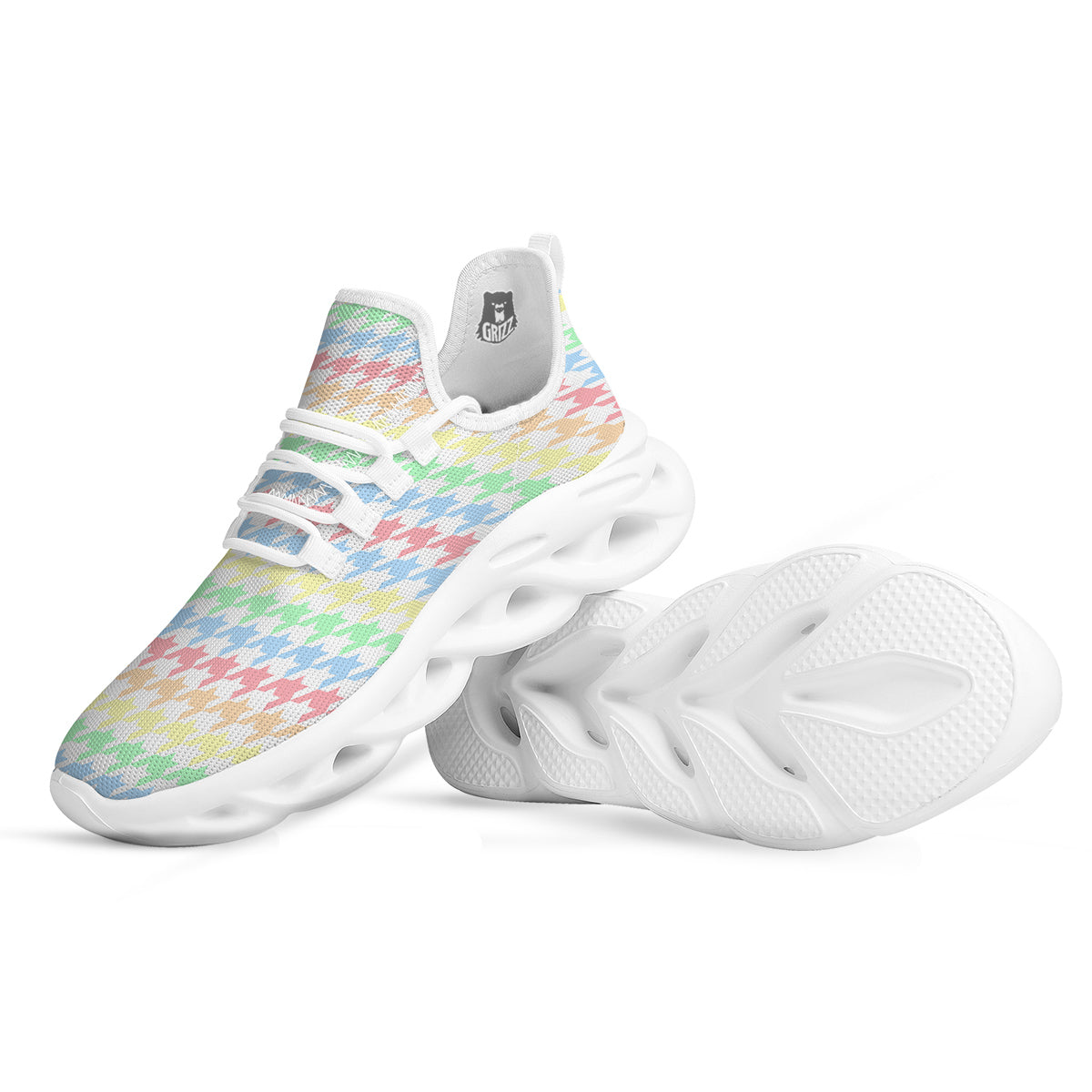 Pastel Houndstooth Print White Running Shoes-grizzshop