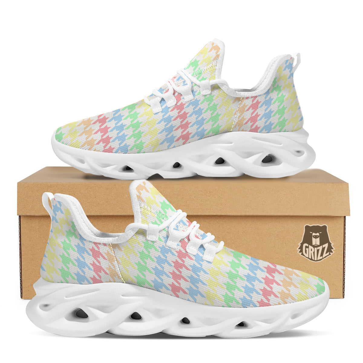 Pastel Houndstooth Print White Running Shoes-grizzshop