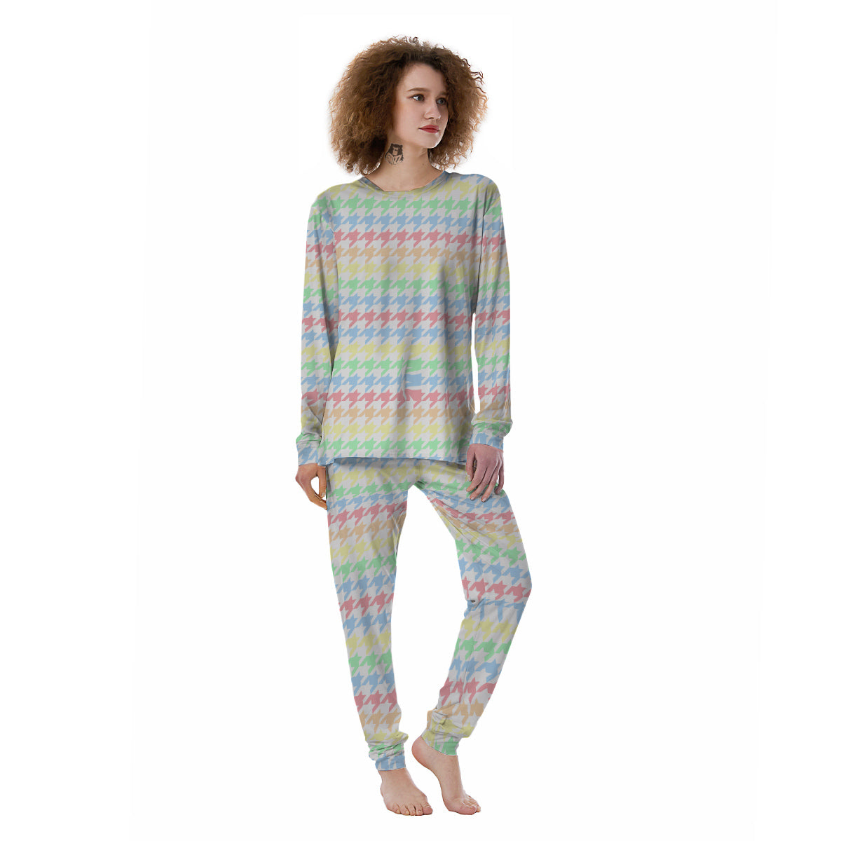 Pastel Houndstooth Print Women's Pajamas-grizzshop