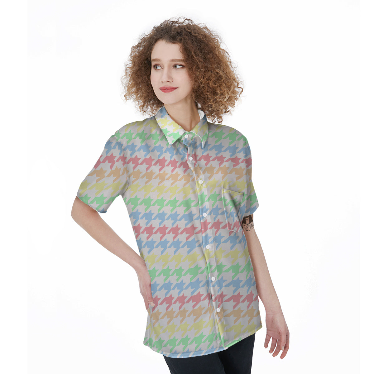 Pastel Houndstooth Print Women's Short Sleeve Shirts-grizzshop