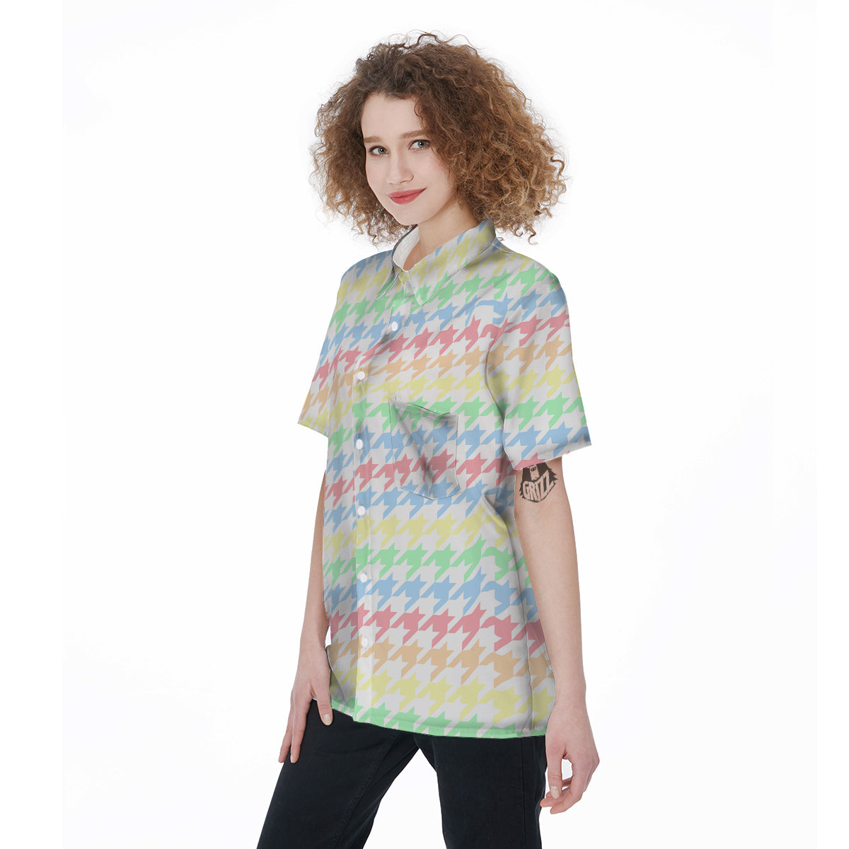 Pastel Houndstooth Print Women's Short Sleeve Shirts-grizzshop