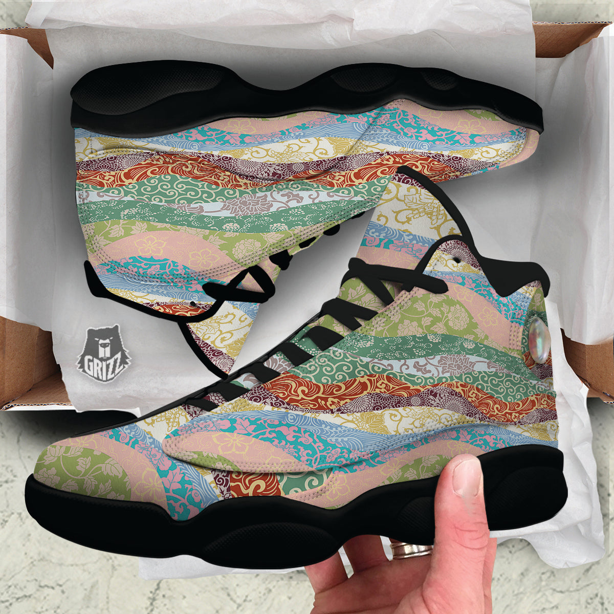 Pastel Japanese Fabric Traditional Print Pattern Black Basketball Shoes-grizzshop