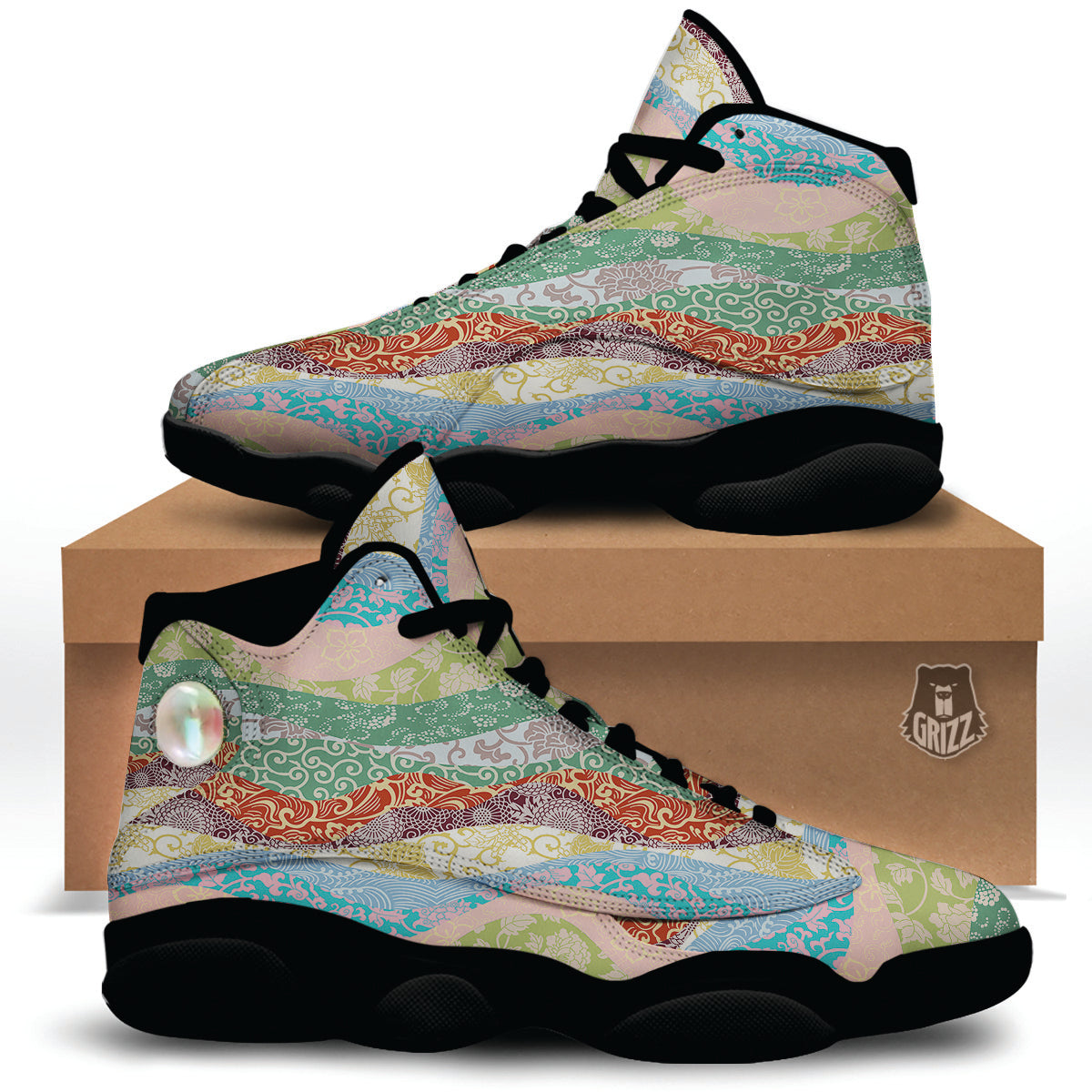 Pastel Japanese Fabric Traditional Print Pattern Black Basketball Shoes-grizzshop