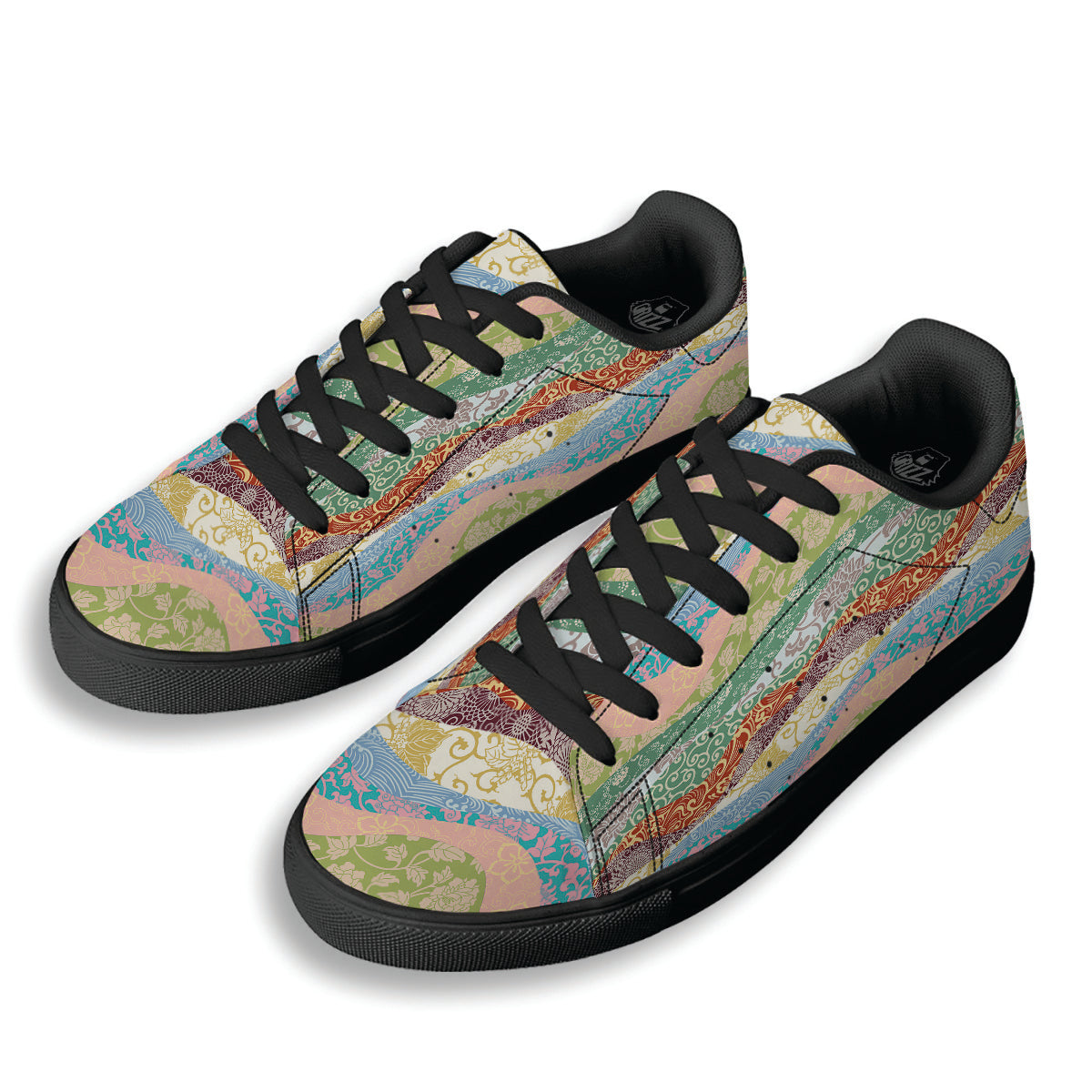 Pastel Japanese Fabric Traditional Print Pattern Black Low Top Sneakers-grizzshop