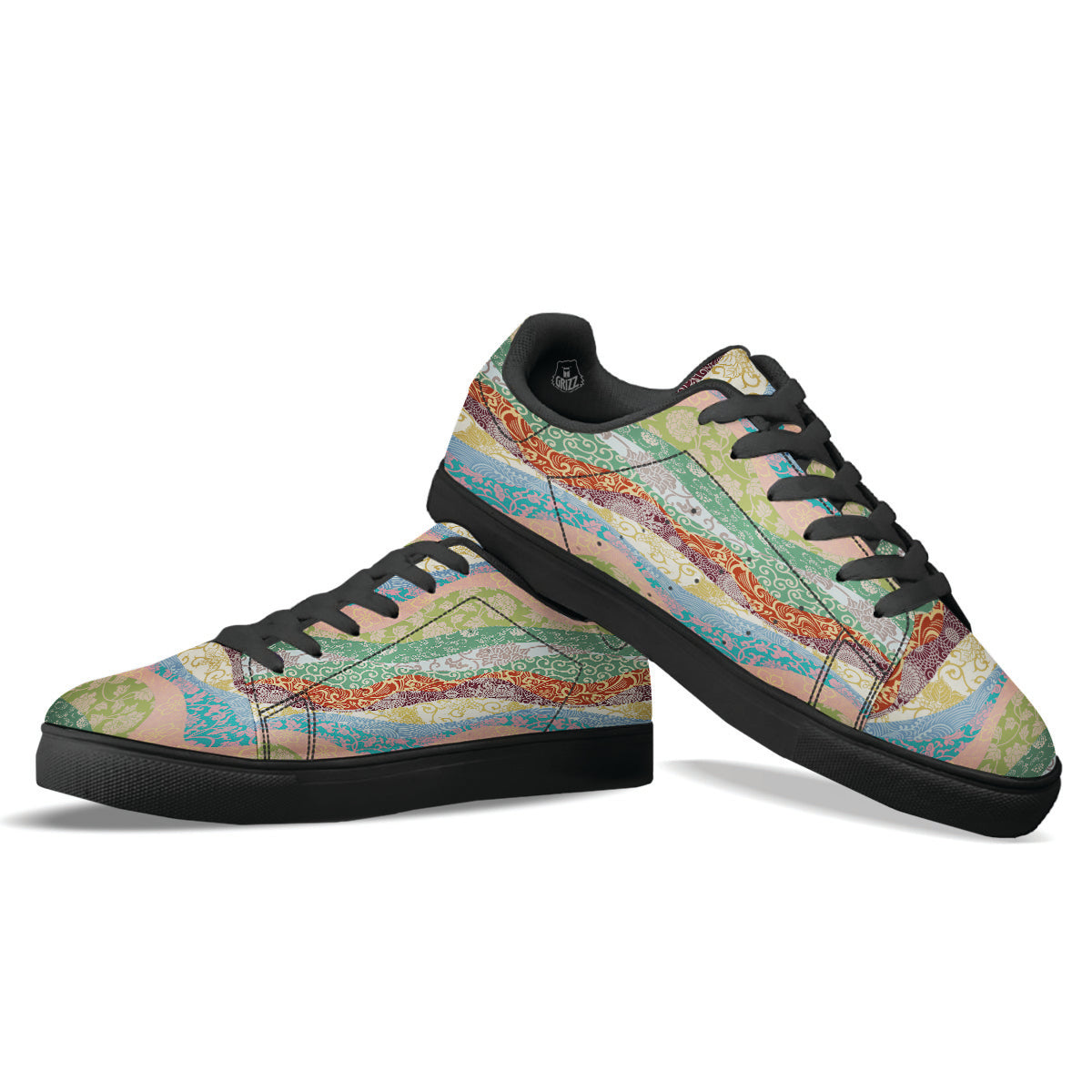 Pastel Japanese Fabric Traditional Print Pattern Black Low Top Sneakers-grizzshop