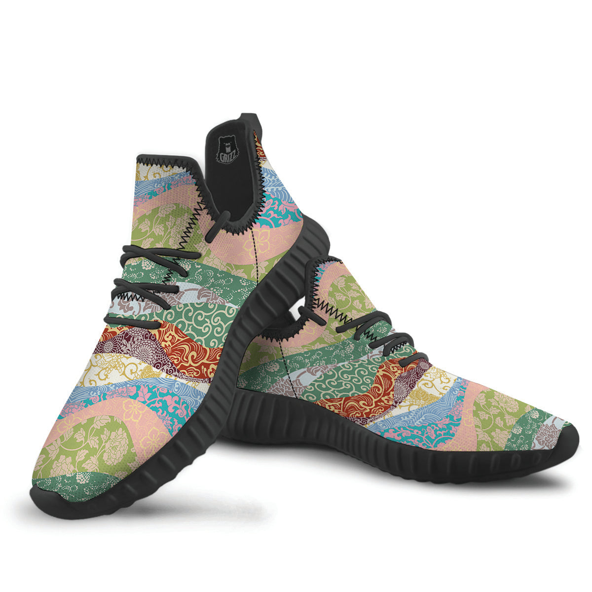 Pastel Japanese Fabric Traditional Print Pattern Black Walking Shoes-grizzshop