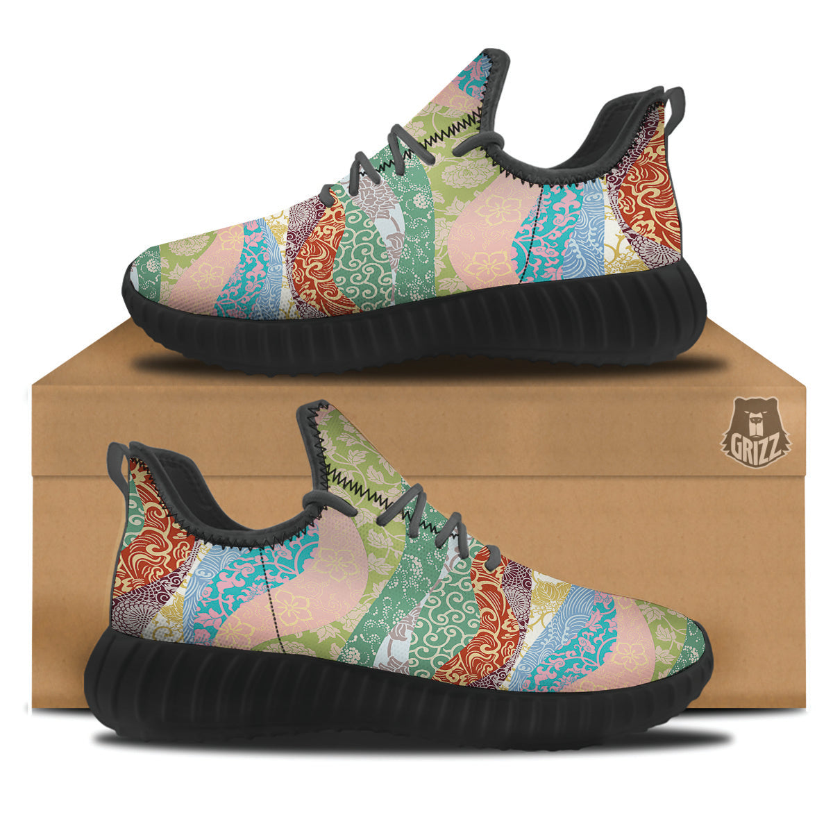 Pastel Japanese Fabric Traditional Print Pattern Black Walking Shoes-grizzshop