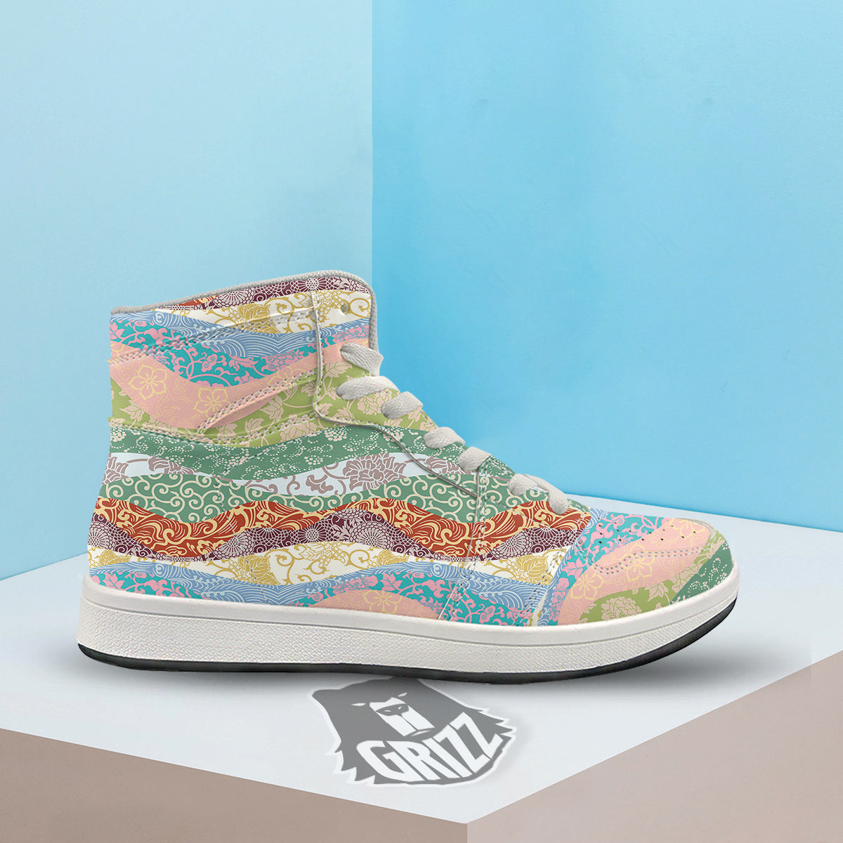 Pastel Japanese Fabric Traditional Print Pattern High Top Sneakers-grizzshop