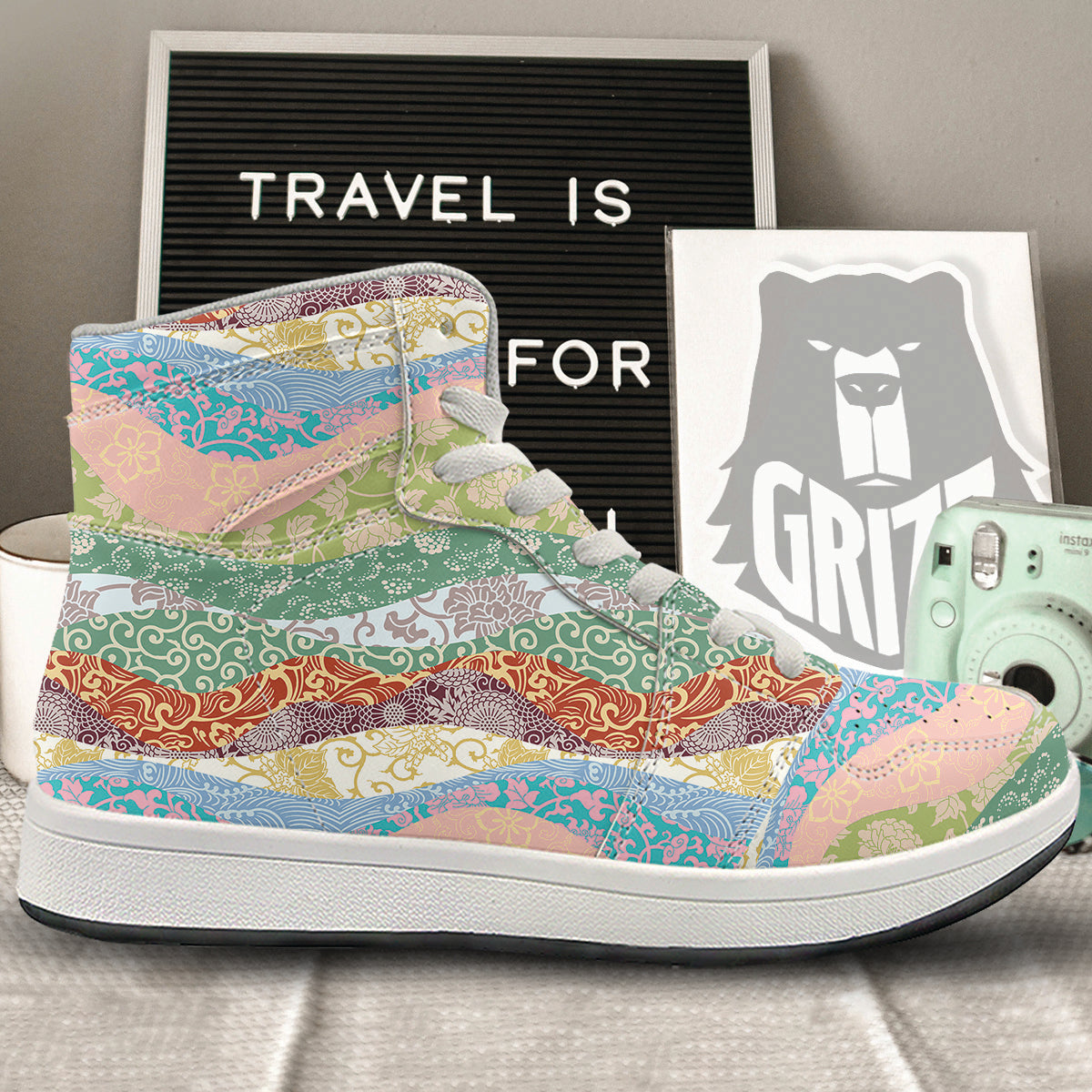 Pastel Japanese Fabric Traditional Print Pattern High Top Sneakers-grizzshop