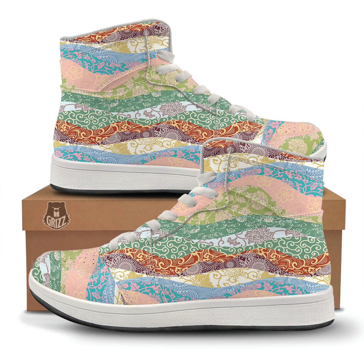 Pastel Japanese Fabric Traditional Print Pattern High Top Sneakers-grizzshop