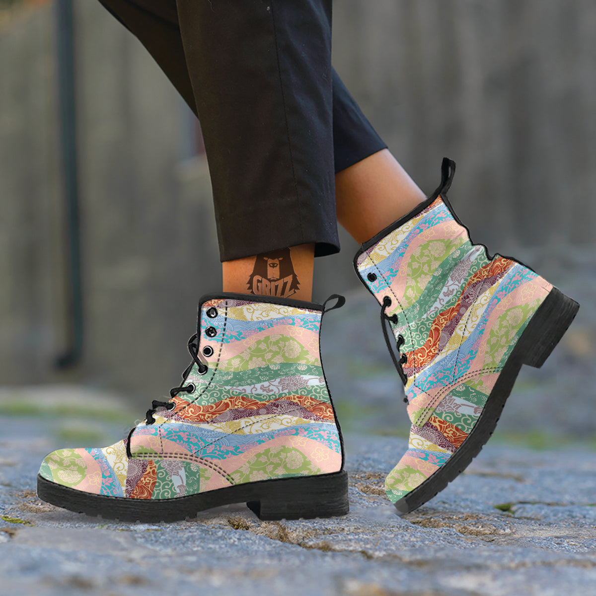 Pastel Japanese Fabric Traditional Print Pattern Leather Boots-grizzshop