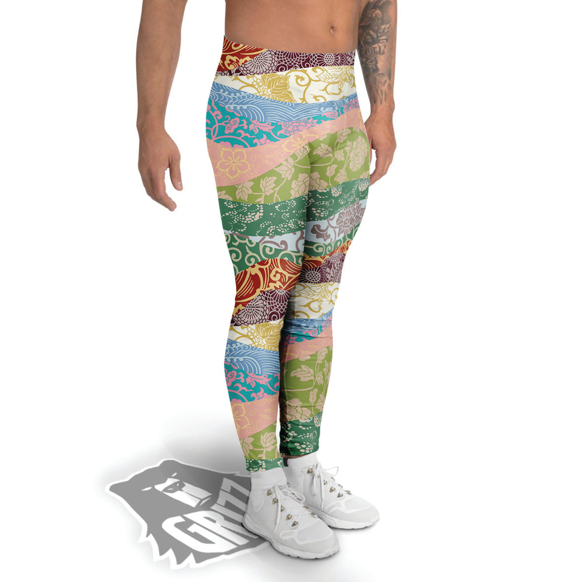 Pastel Japanese Fabric Traditional Print Pattern Men's Leggings-grizzshop