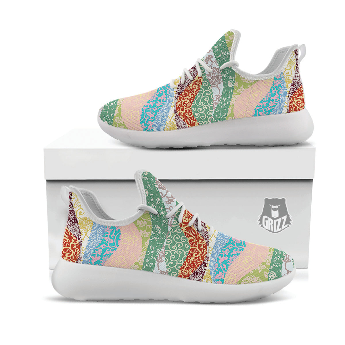 Pastel Japanese Fabric Traditional Print Pattern White Athletic Shoes-grizzshop