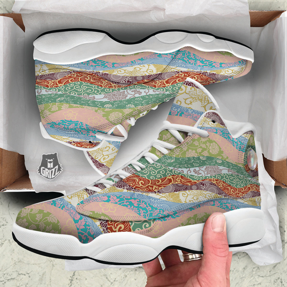 Pastel Japanese Fabric Traditional Print Pattern White Basketball Shoes-grizzshop