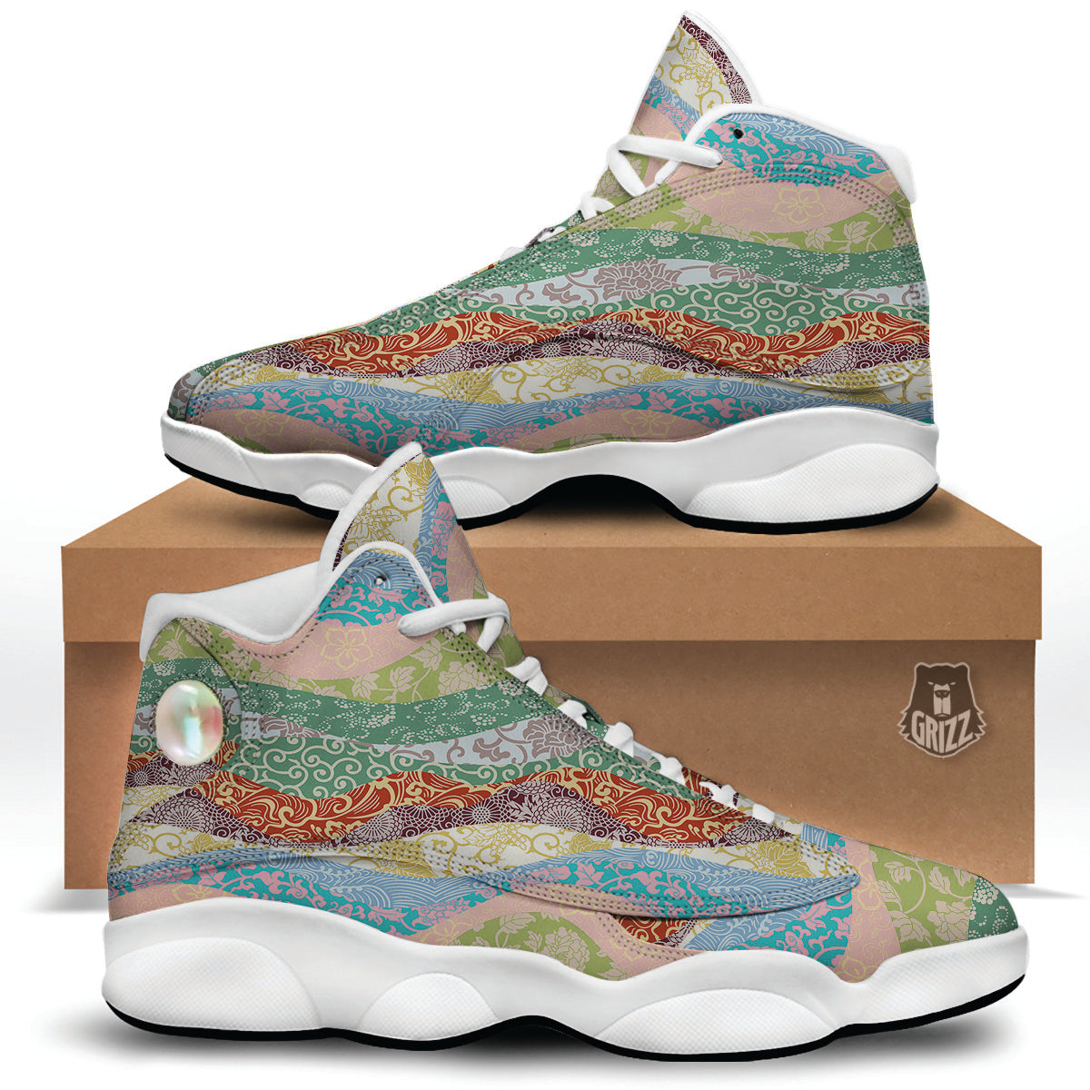 Pastel Japanese Fabric Traditional Print Pattern White Basketball Shoes-grizzshop