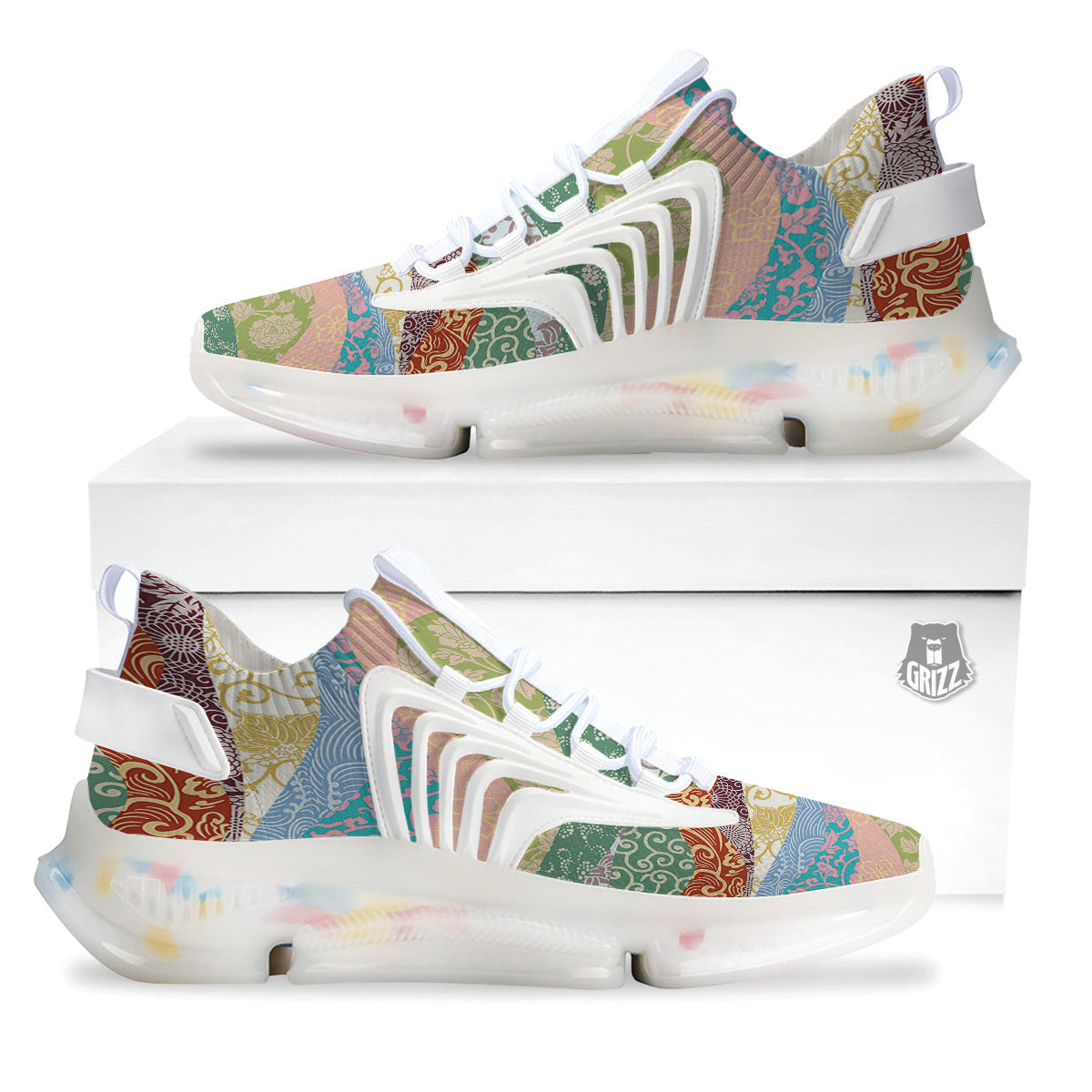 Pastel Japanese Fabric Traditional Print Pattern White Gym Shoes-grizzshop