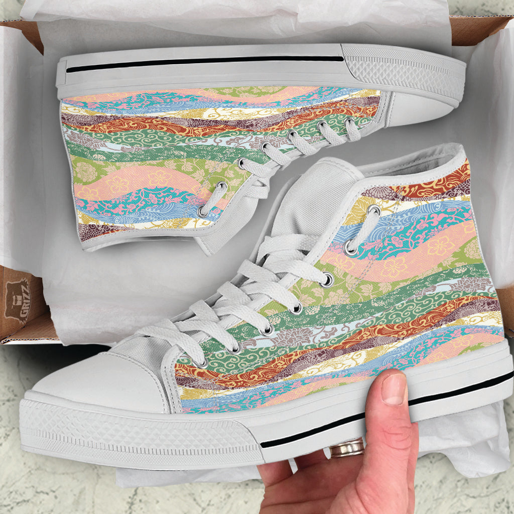 Pastel Japanese Fabric Traditional Print Pattern White High Top Shoes-grizzshop
