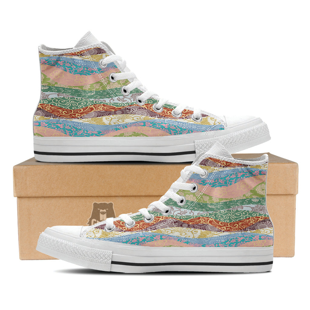 Pastel Japanese Fabric Traditional Print Pattern White High Top Shoes-grizzshop