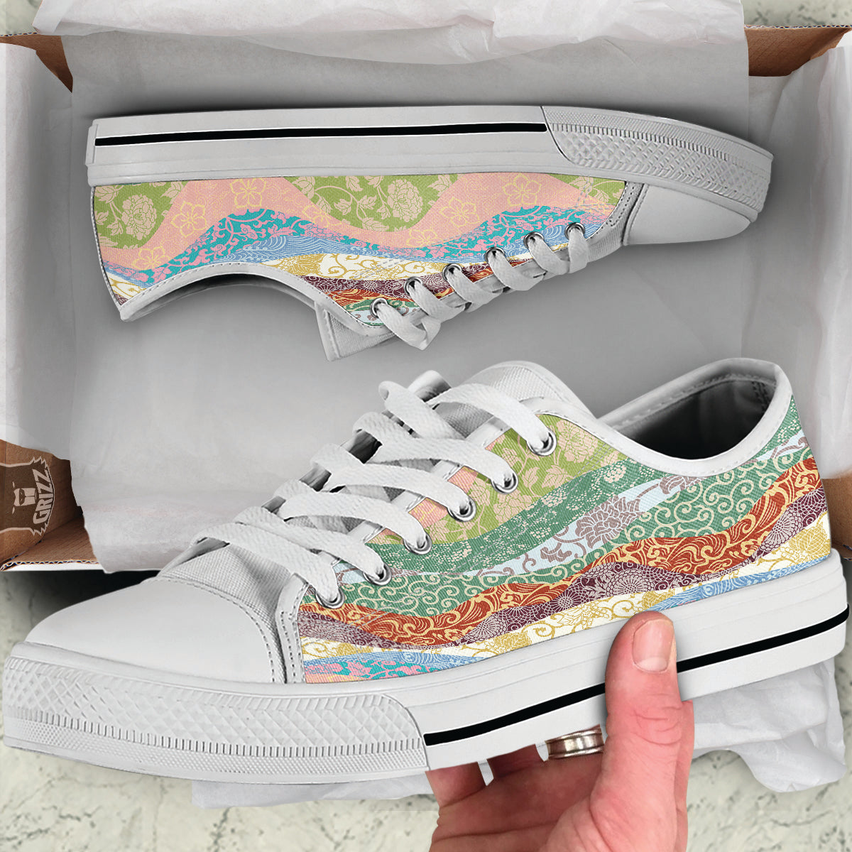 Pastel Japanese Fabric Traditional Print Pattern White Low Top Shoes-grizzshop