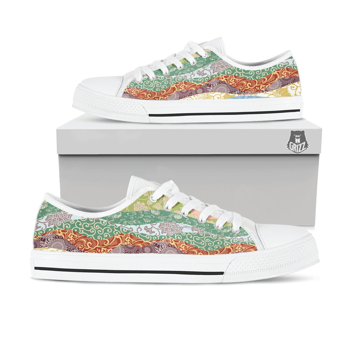 Pastel Japanese Fabric Traditional Print Pattern White Low Top Shoes-grizzshop