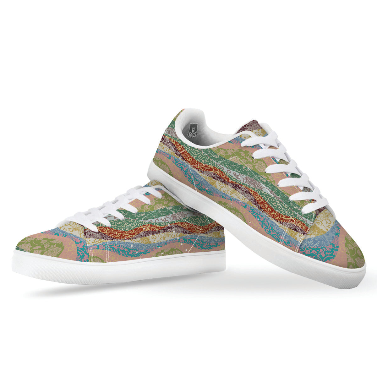 Pastel Japanese Fabric Traditional Print Pattern White Low Top Sneakers-grizzshop