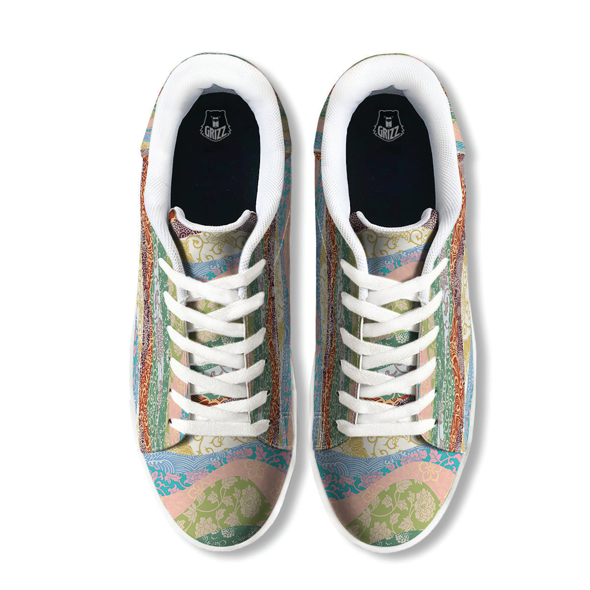 Pastel Japanese Fabric Traditional Print Pattern White Low Top Sneakers-grizzshop