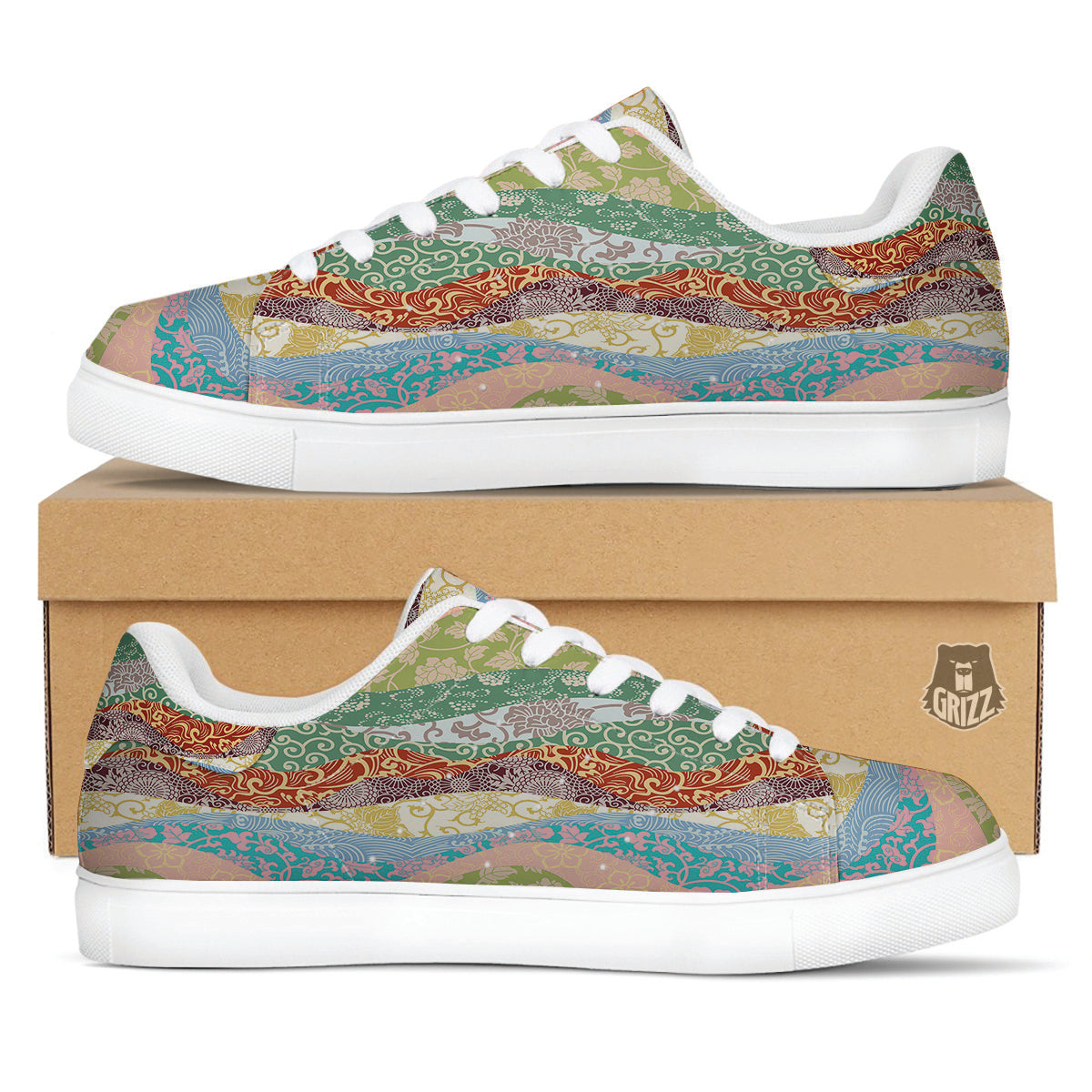 Pastel Japanese Fabric Traditional Print Pattern White Low Top Sneakers-grizzshop