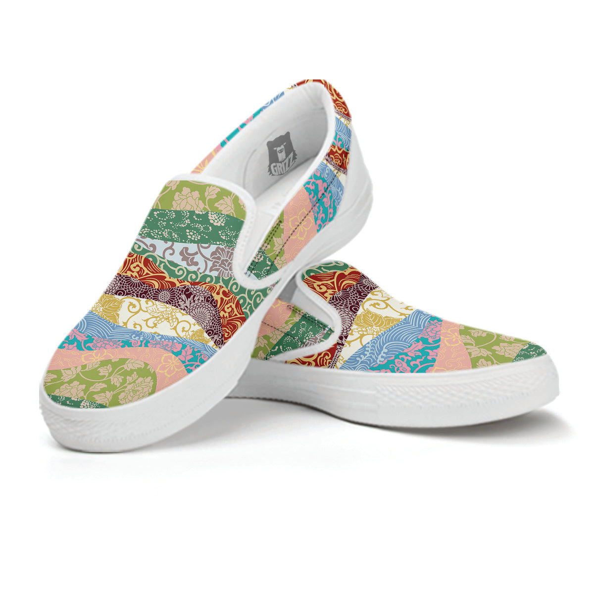 Pastel Japanese Fabric Traditional Print Pattern White Slip On Shoes-grizzshop