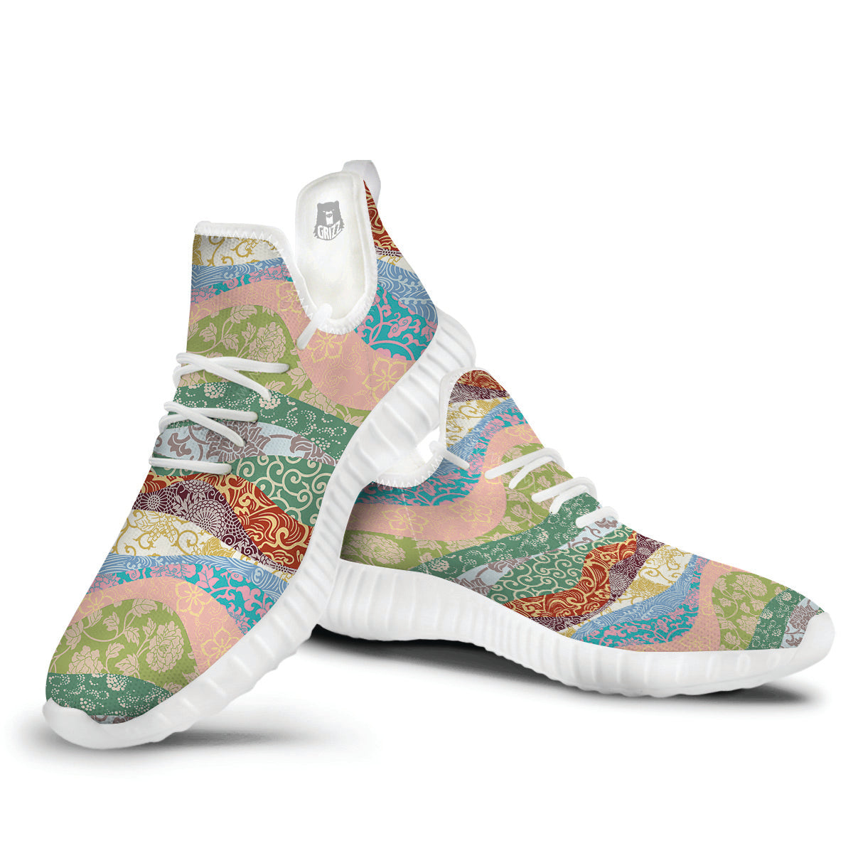 Pastel Japanese Fabric Traditional Print Pattern White Walking Shoes-grizzshop