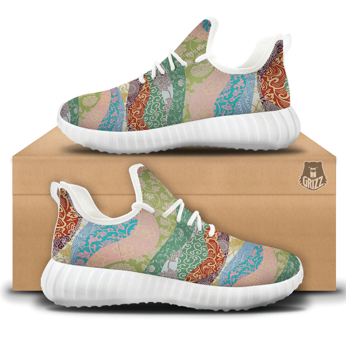 Pastel Japanese Fabric Traditional Print Pattern White Walking Shoes-grizzshop