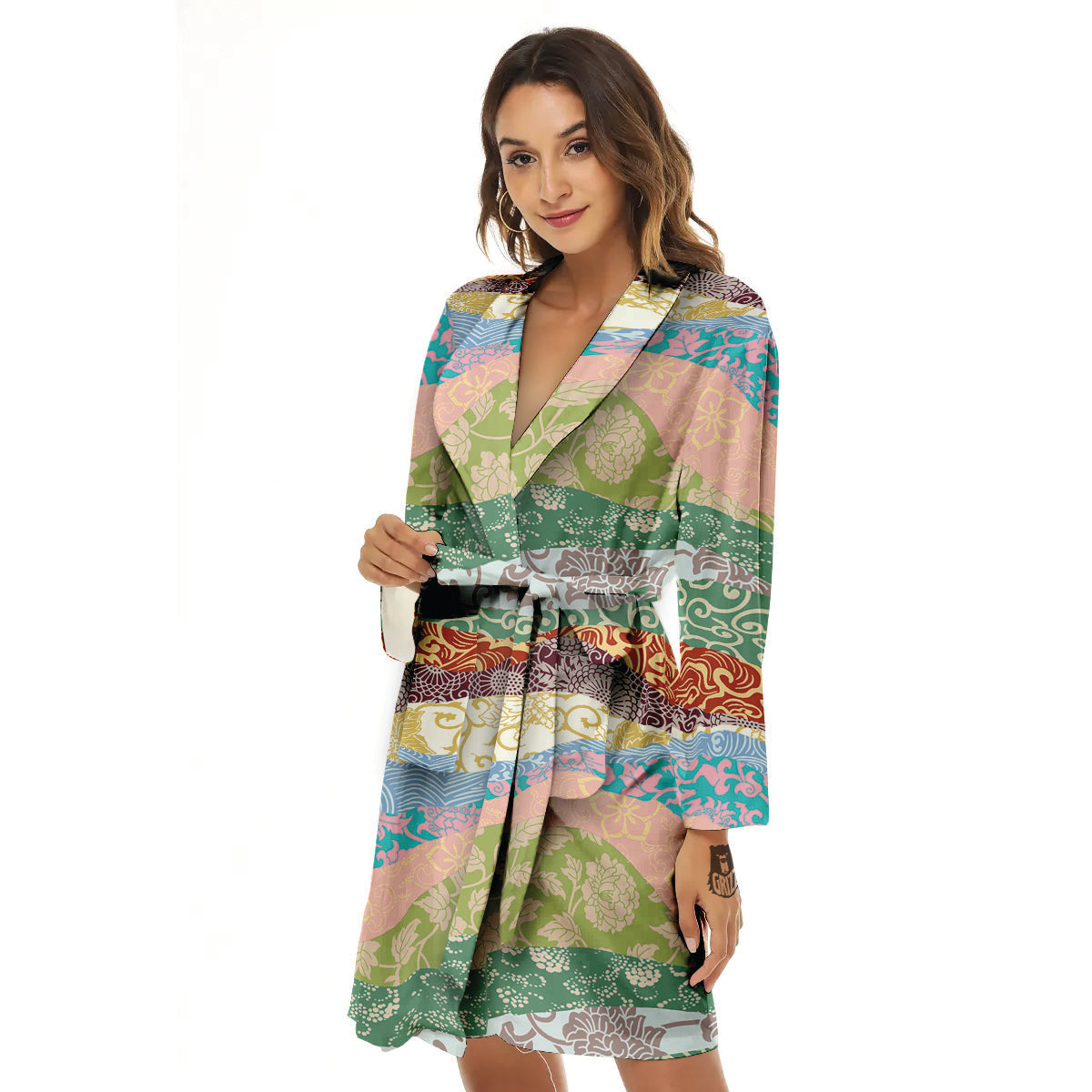 Pastel Japanese Fabric Traditional Print Pattern Women's Robe-grizzshop