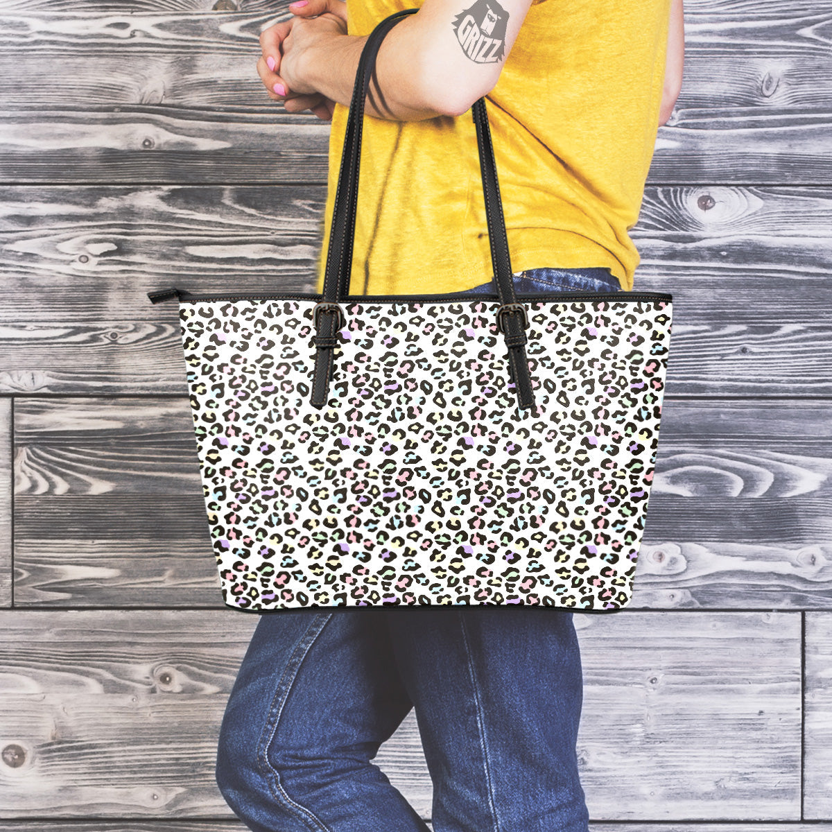 Pastel Leopard Print Pattern Leather Tote Bag-grizzshop