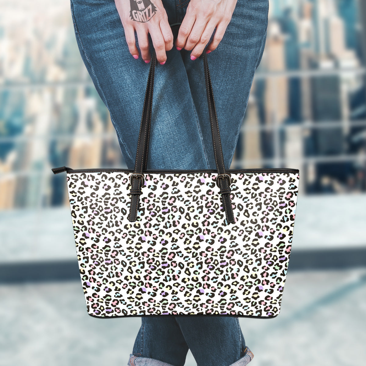 Pastel Leopard Print Pattern Leather Tote Bag-grizzshop