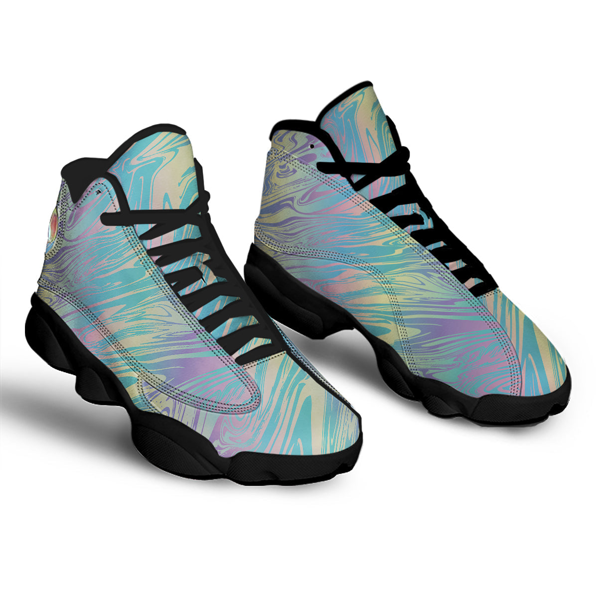 Pastel Liquid Marble Holographic Print Black Basketball Shoes-grizzshop