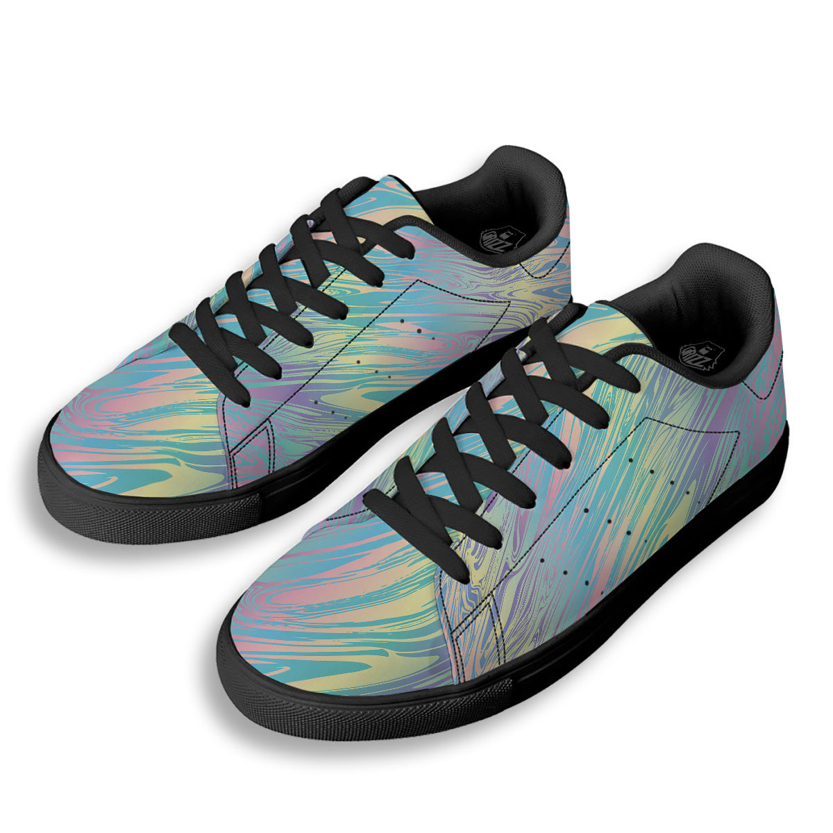 Pastel Liquid Marble Holographic Print Black Low Top Sneakers-grizzshop