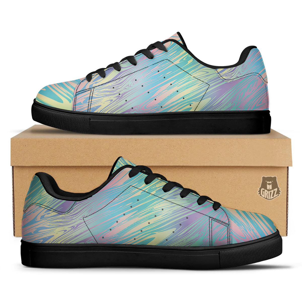 Pastel Liquid Marble Holographic Print Black Low Top Sneakers-grizzshop