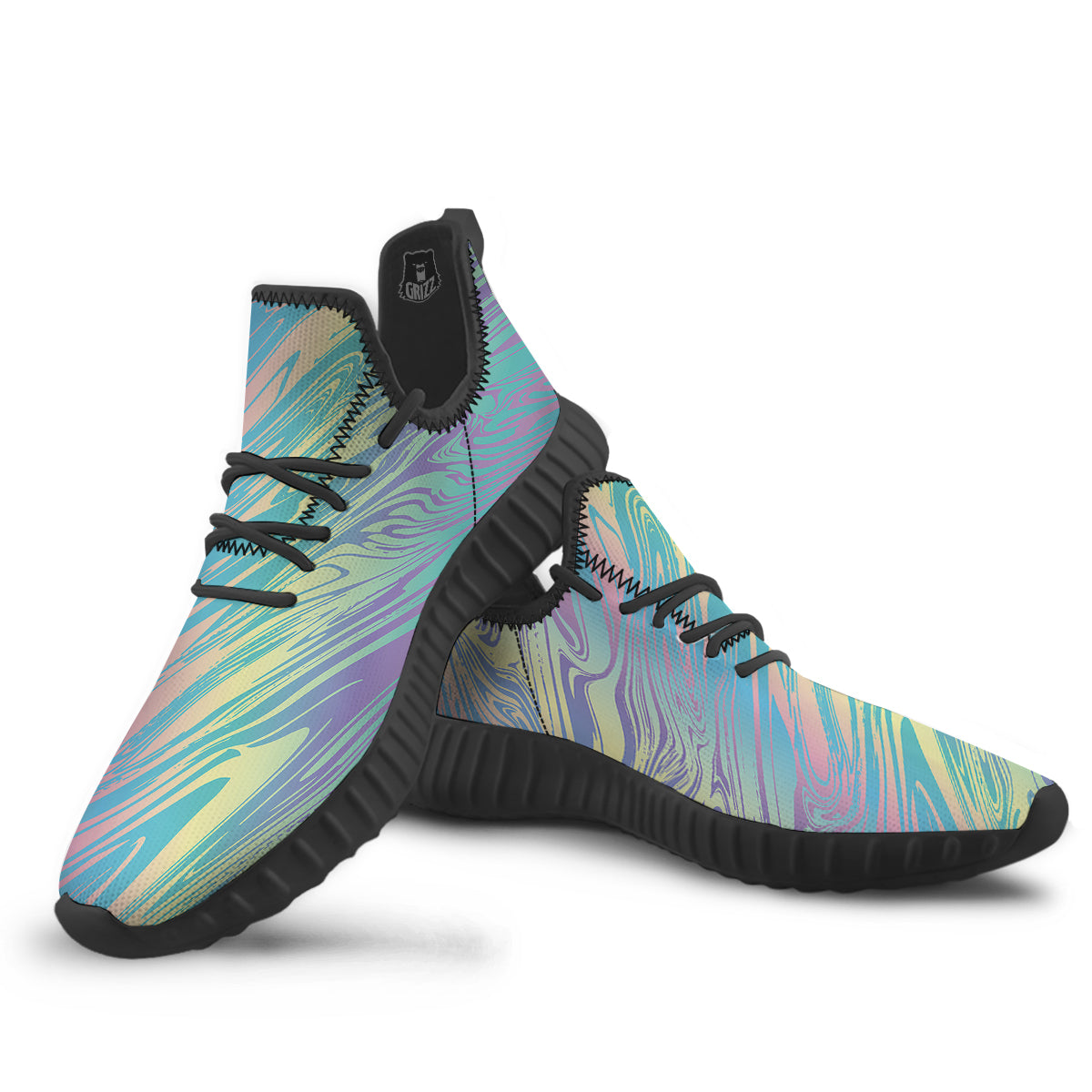 Pastel Liquid Marble Holographic Print Black Walking Shoes-grizzshop