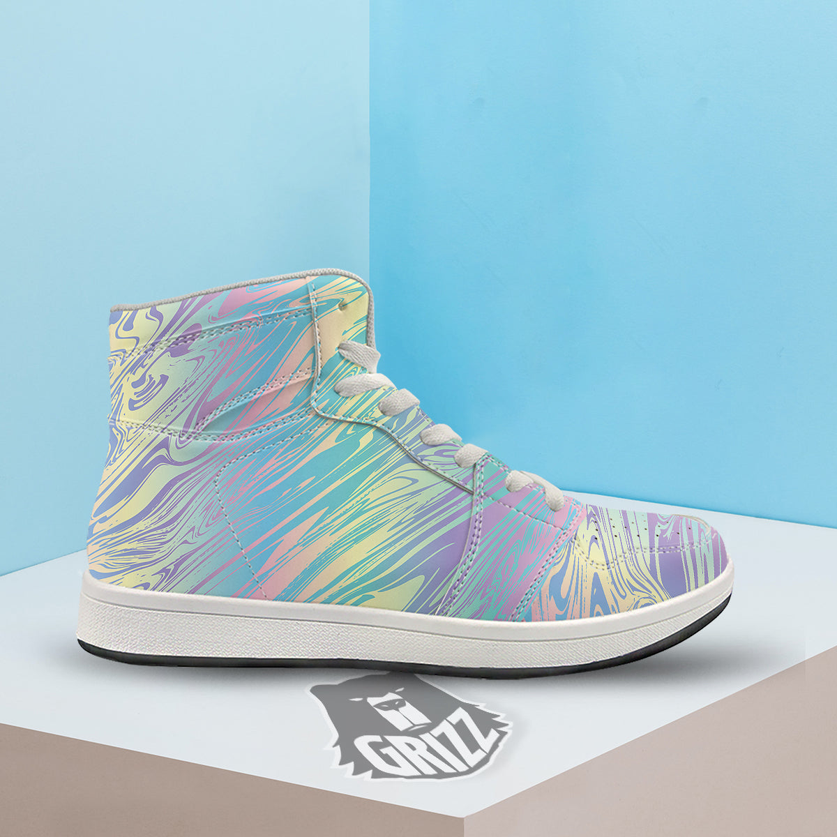 Pastel Liquid Marble Holographic Print High Top Sneakers-grizzshop