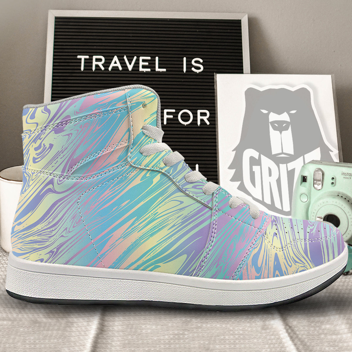 Pastel Liquid Marble Holographic Print High Top Sneakers-grizzshop