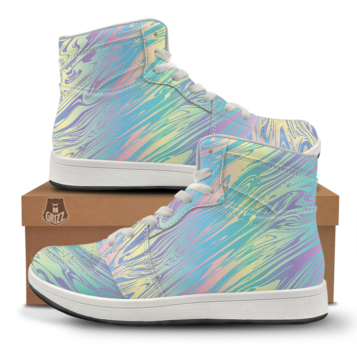 Pastel Liquid Marble Holographic Print High Top Sneakers-grizzshop
