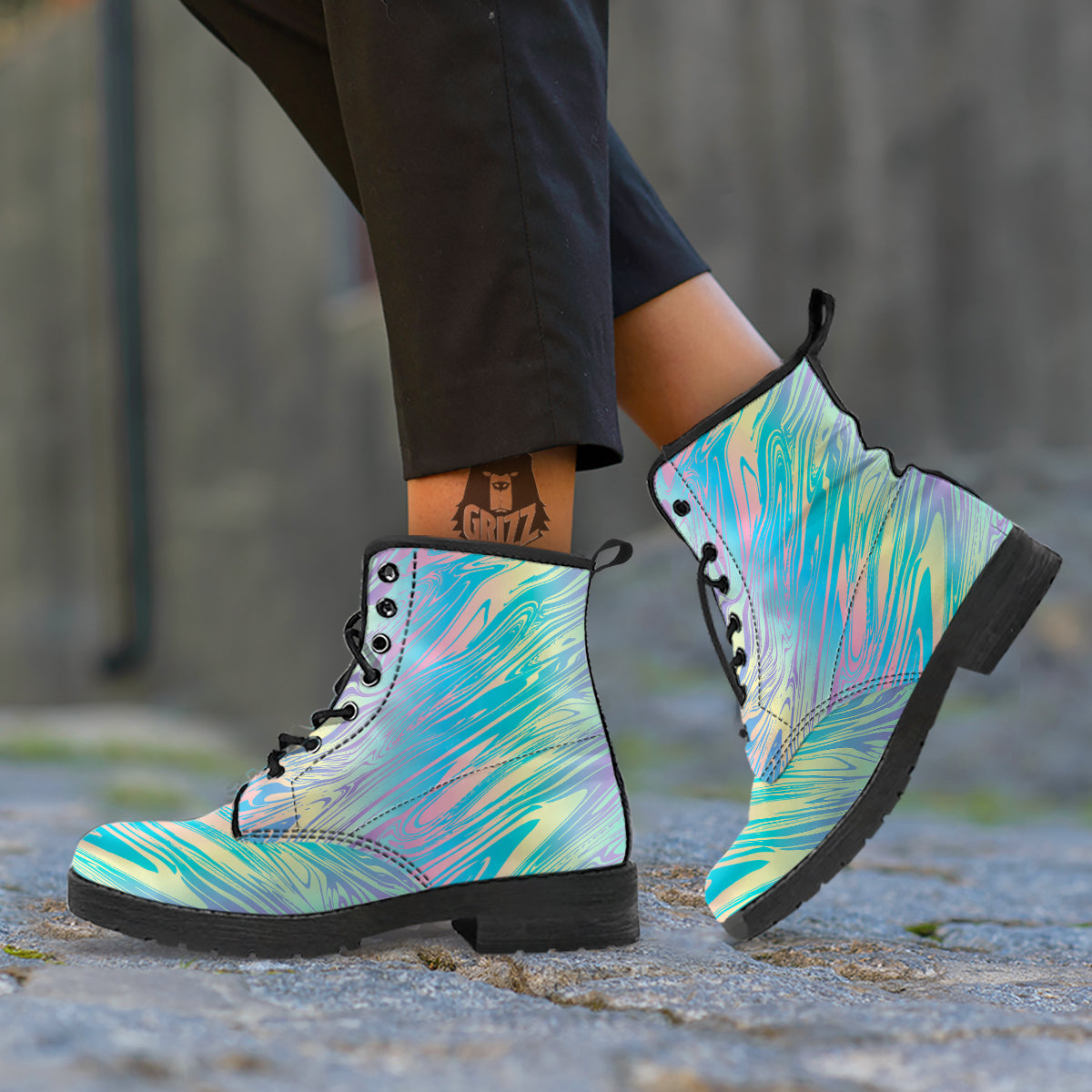 Pastel Liquid Marble Holographic Print Leather Boots-grizzshop
