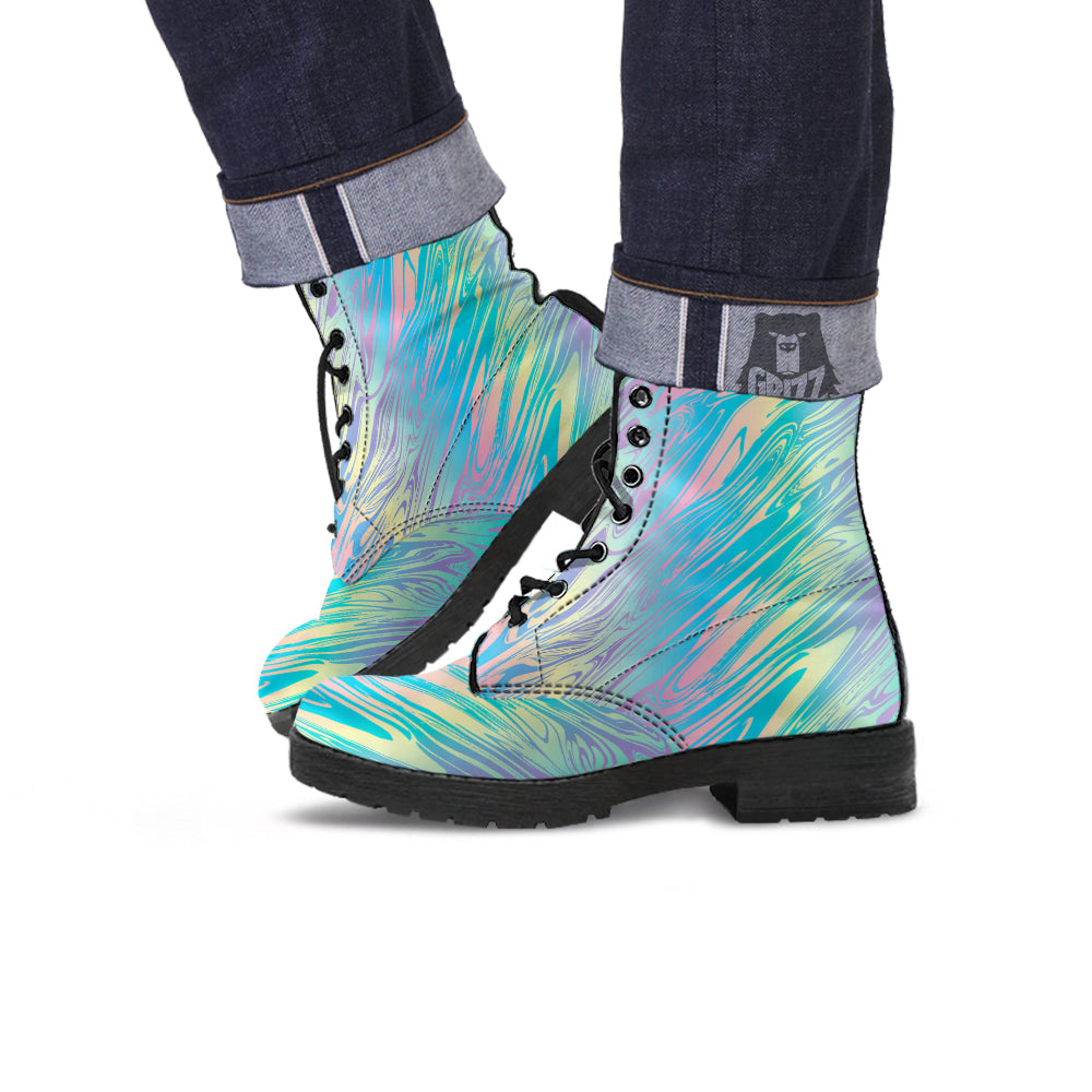 Pastel Liquid Marble Holographic Print Leather Boots-grizzshop