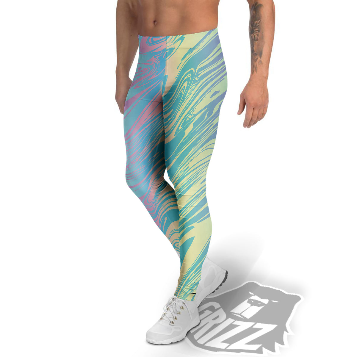 Pastel Liquid Marble Holographic Print Men's Leggings-grizzshop